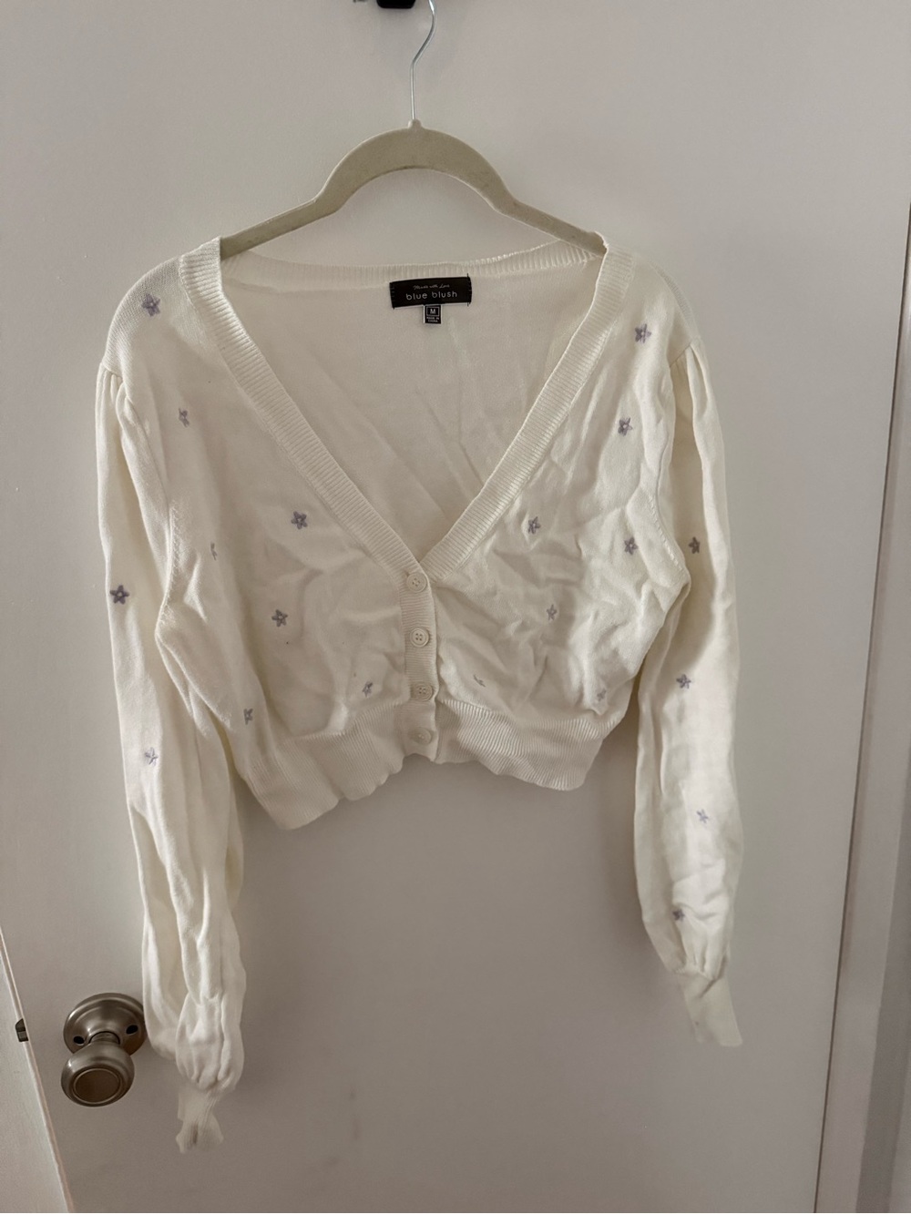Blue Blush Cream Cropped Button-Front Cardigan with Lavender Star Accents